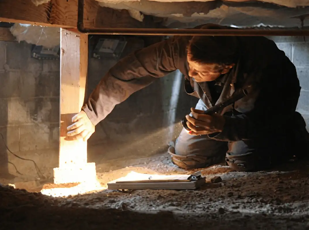 A professional inspecting wooden beams under the floor of a structure in Marietta, GA