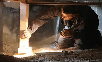 A professional inspecting wooden beams under the floor of a structure in Marietta, GA